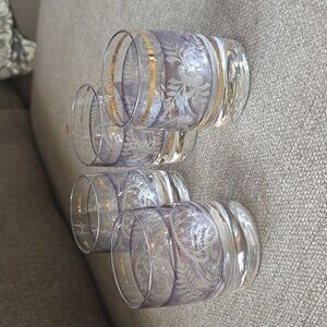 Vintage Lowball Tumblers Gold Frosted Band Mid Century blue Barware Set of 4